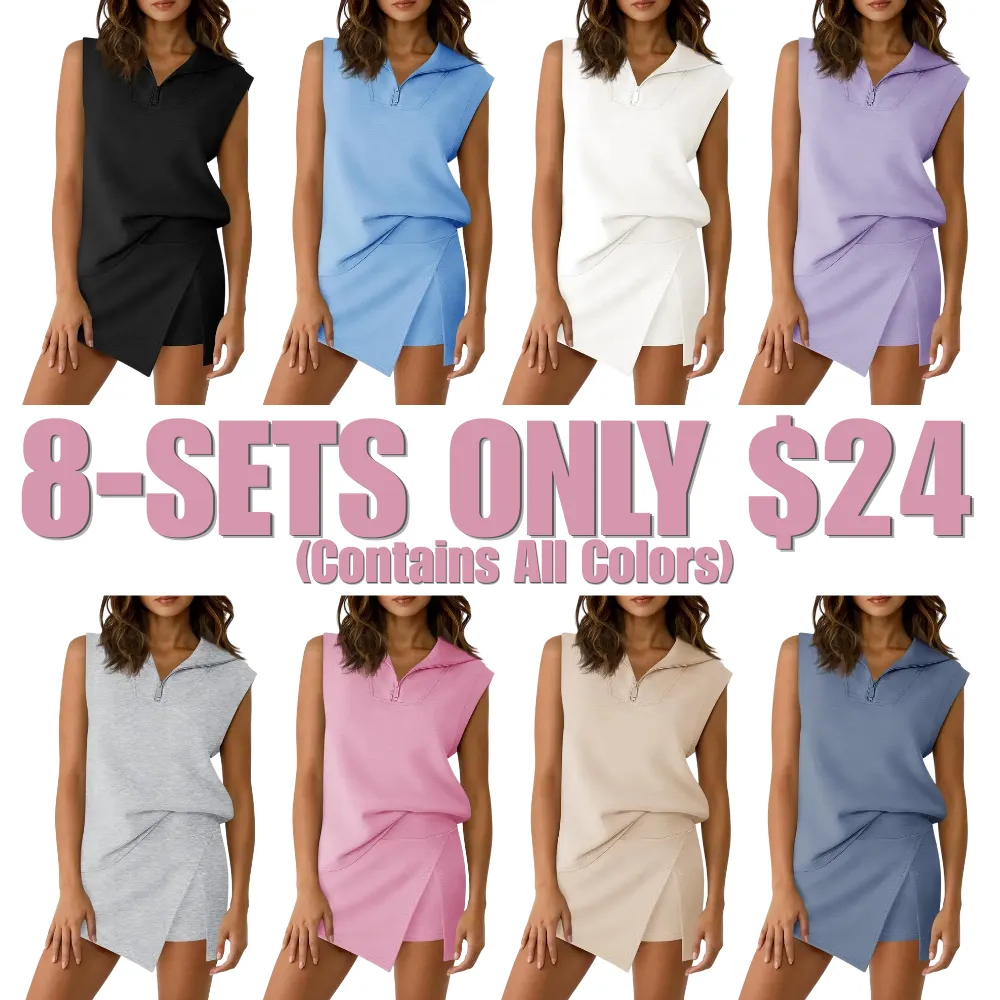 Women's 2 Piece Skirt Sets Summer Sleeveless Half Zip Sweatshirt