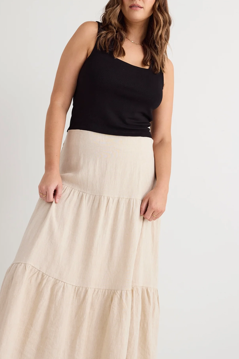 Sand Tiered Linen Midi Skirt