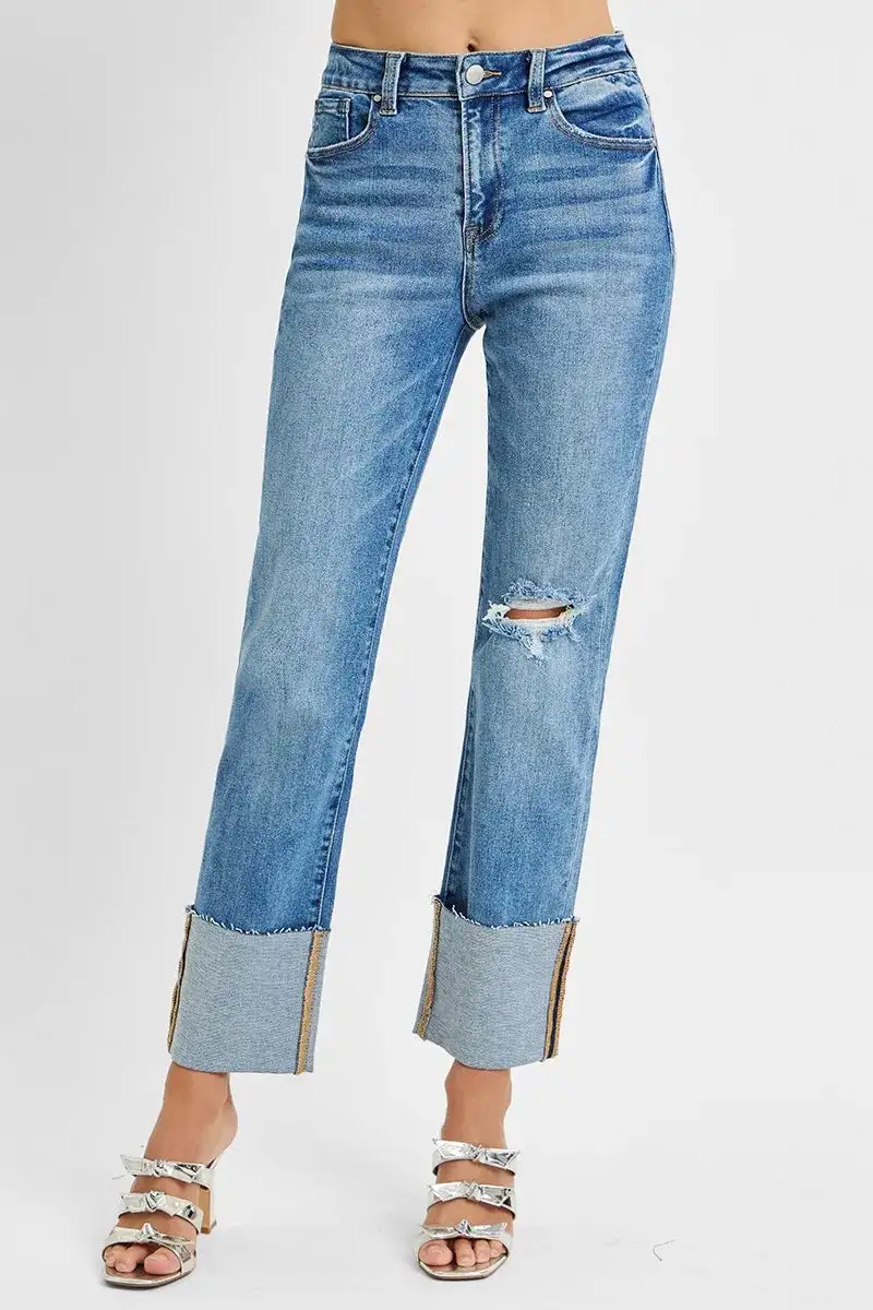High-Rise Raw-Hem Distressed Washed Wide Straight Jeans