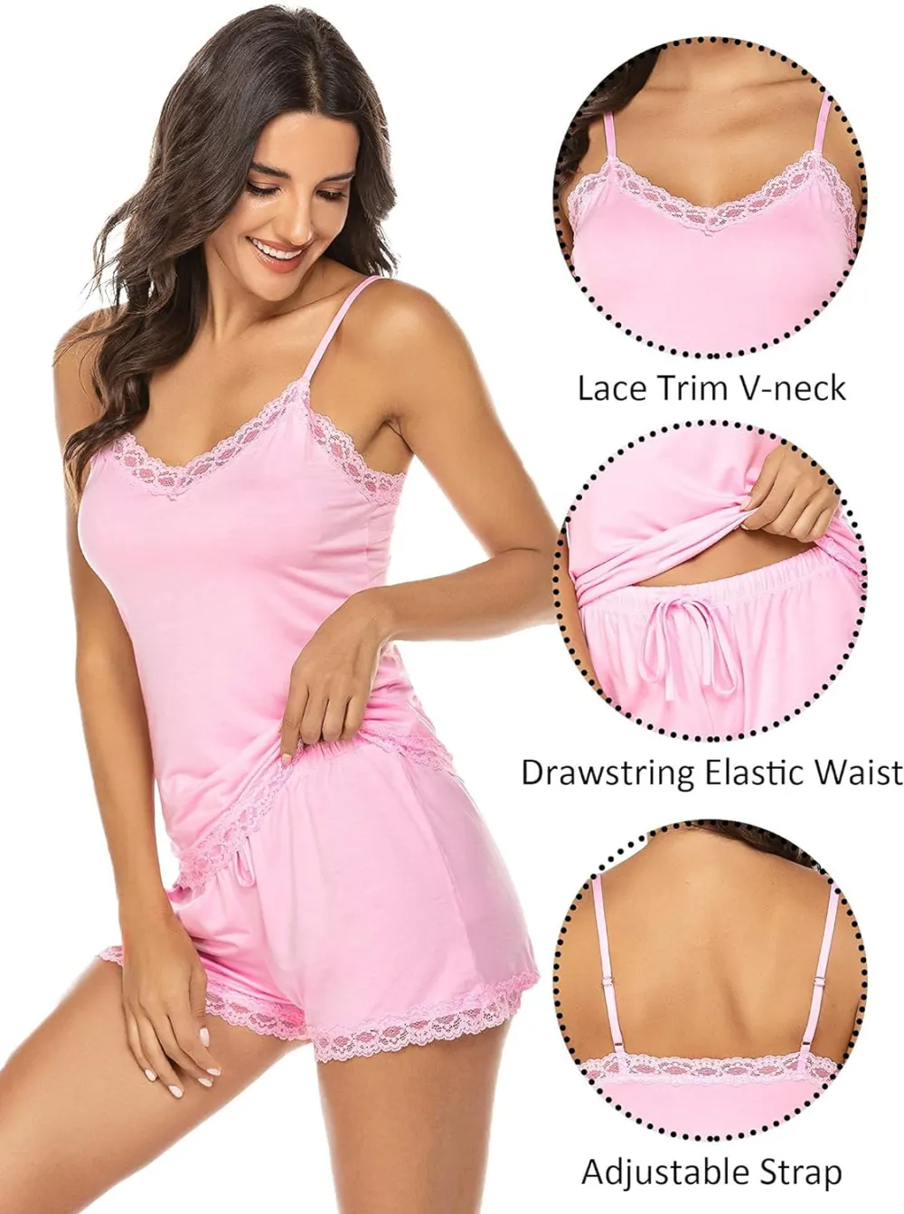 Women Cami Pajama Set Modal Sleepwear Lace Trim Short PJ Set with Shorts