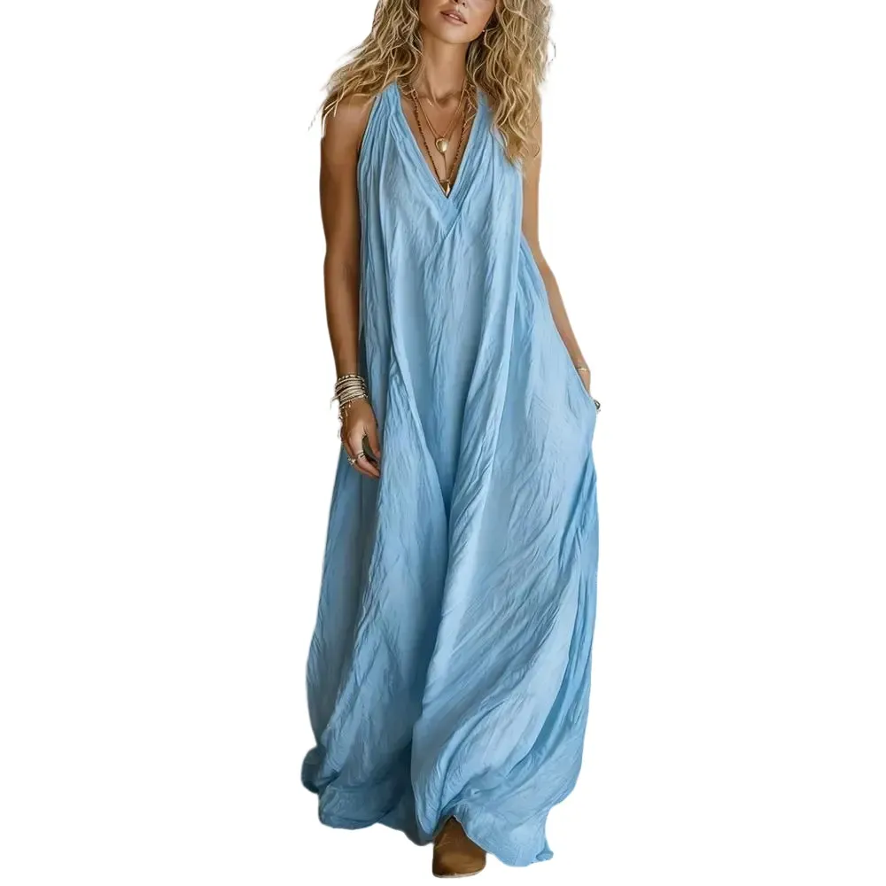 Women's Casual Boho Breeze Halter Maxi Jumpsuit