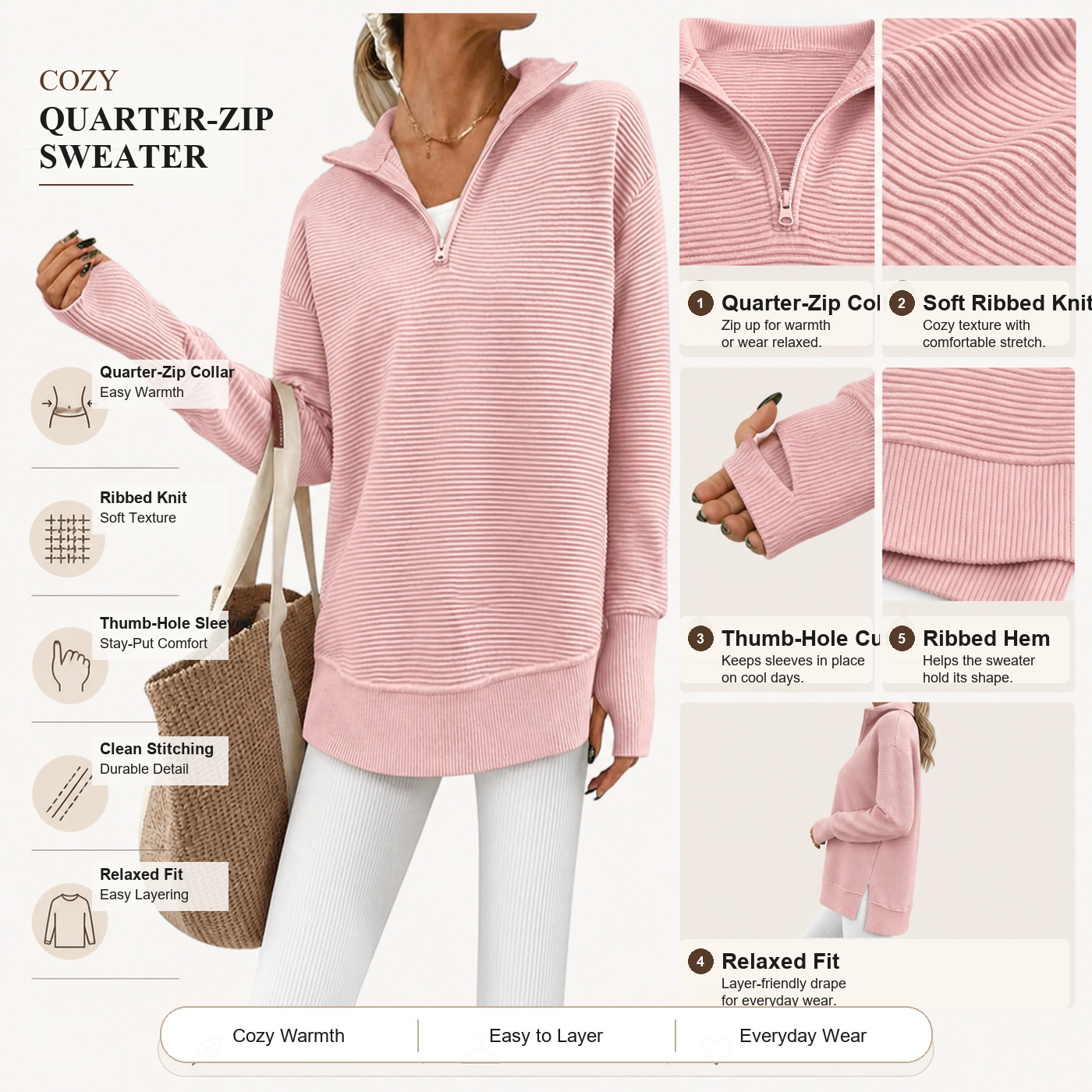 All-around detail view of quarter zip pullover sweater