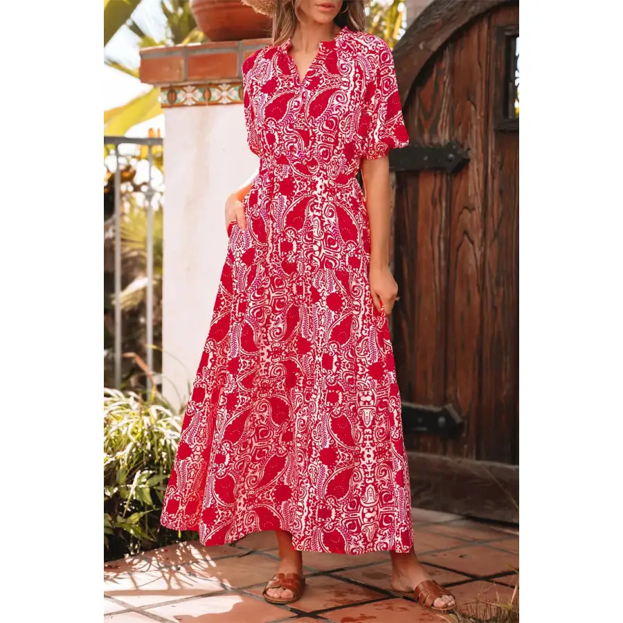 Relaxed Paisley Print Side Slit Puff Sleeve High Waist Maxi Dress