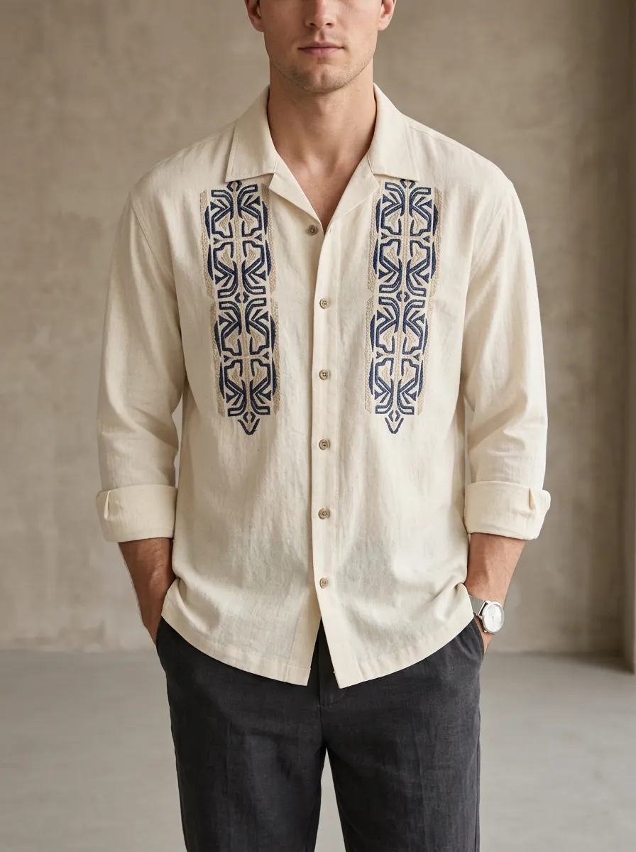 Men's Geometric Boho Embroidered Linen Shirt