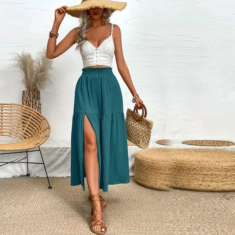 Layered Ruffle Side Slit Midi Skirt