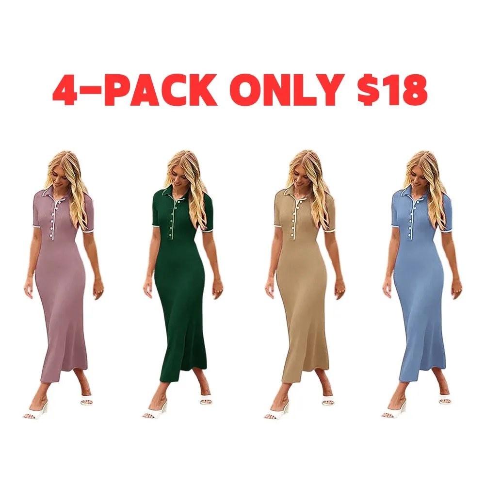Women's V Neck Ribbed Knit Maxi Dress Button Short Sleeve Slim Fit Bodycon Sweater Dress