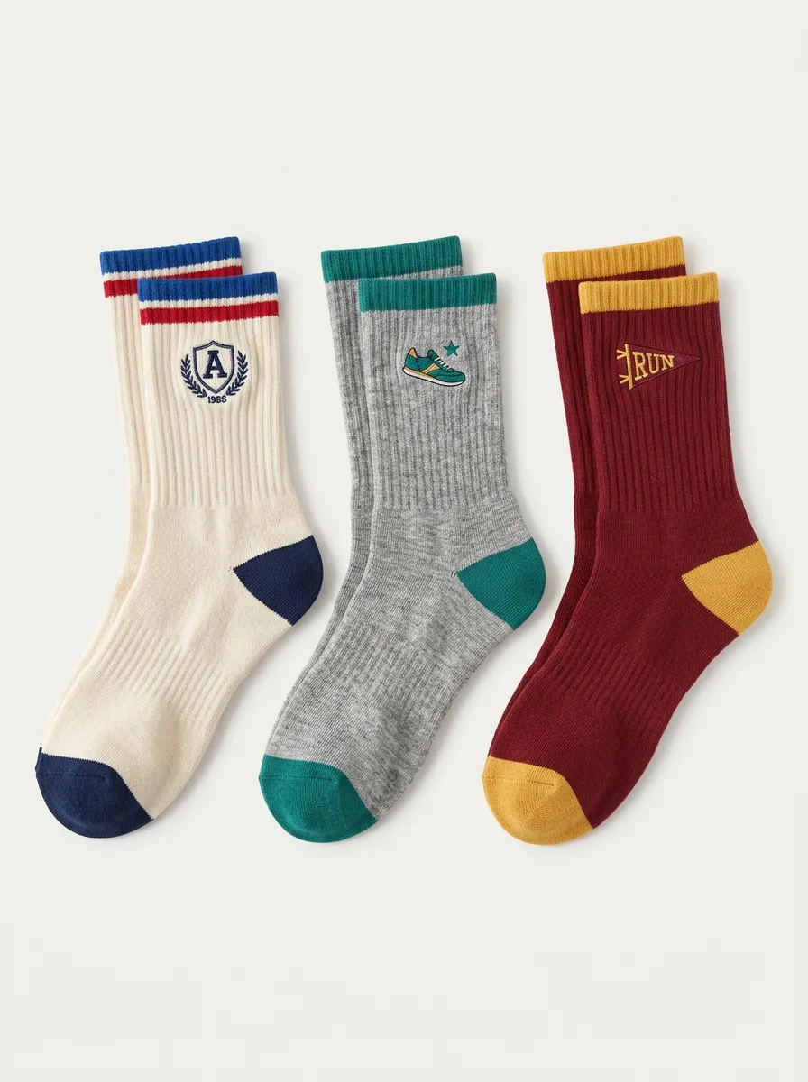 Unisex Relaxed Layered Three-Pair Embroidered Crew Socks