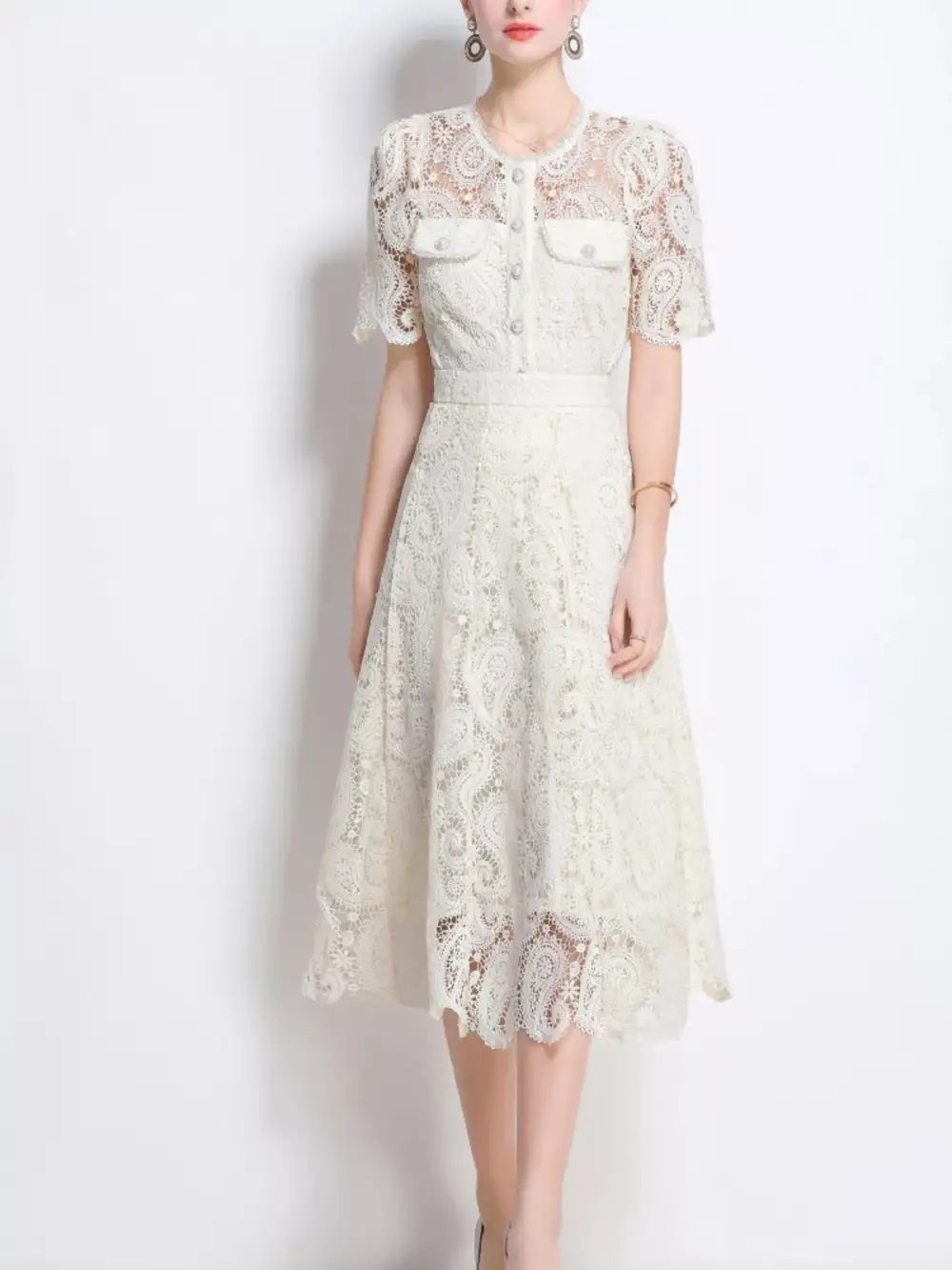 Draped Button Front Lace Detail Coordinated Set