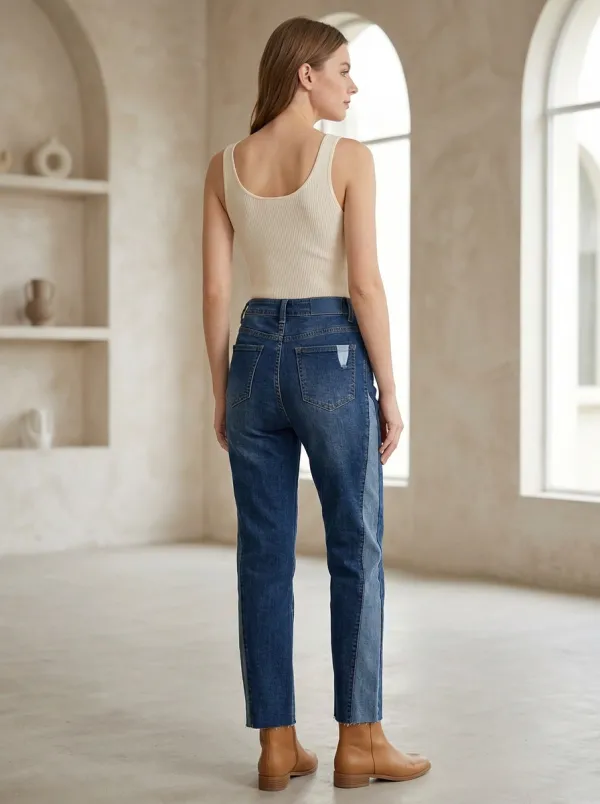 Women's Classic Casual Colorblock Patchwork Denim Straight Jeans