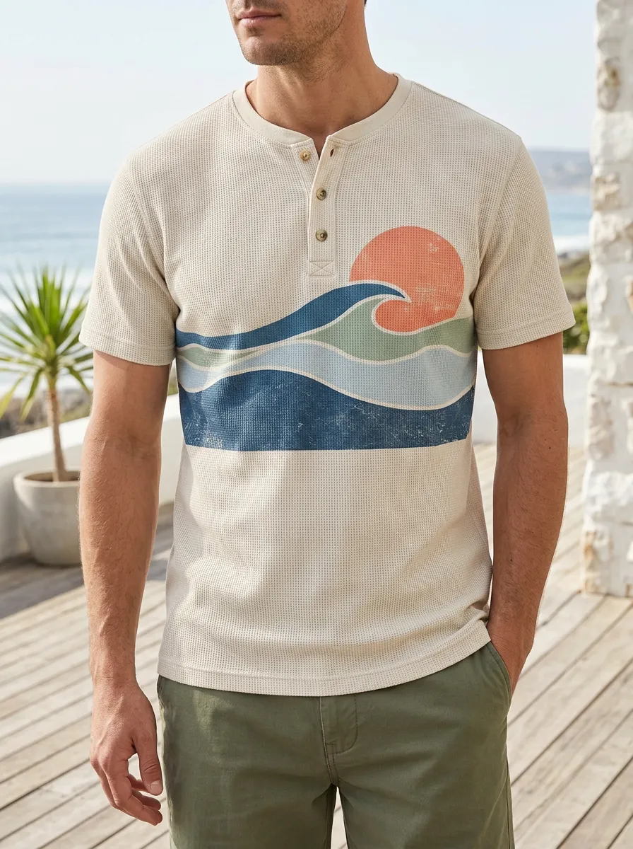 Men's Modern Beach Lover Sunset Wave Henley T-Shirt