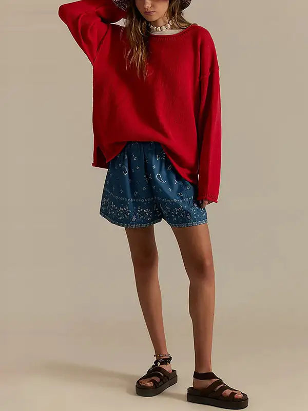 Paneled Round Neck Long Sleeve Relaxed Fit Easy Fit Sweater