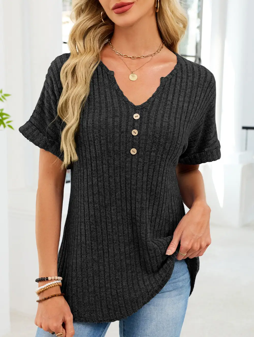 V Neck Button Front Loose Ribbed Tee