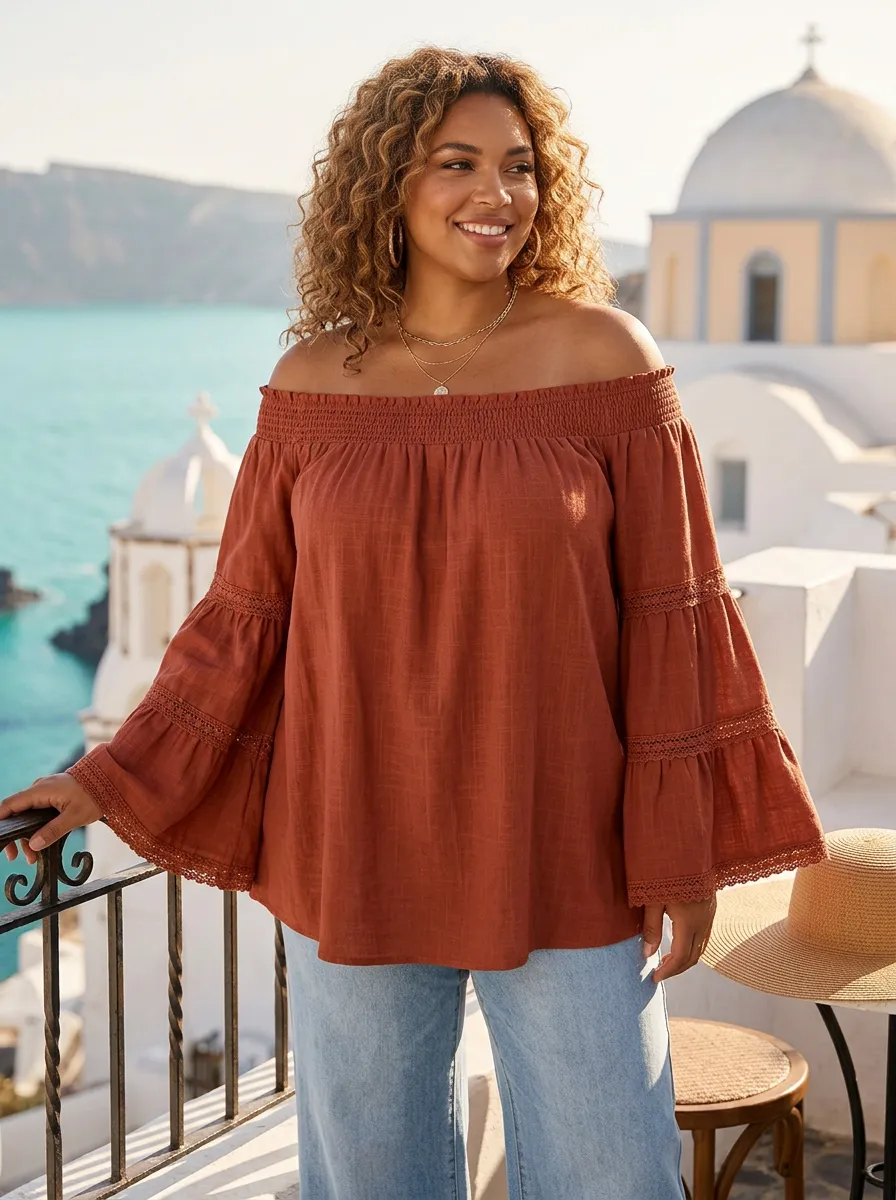 Women's Plus Size Rust Bell Sleeve Lace Trim Off-Shoulder Top
