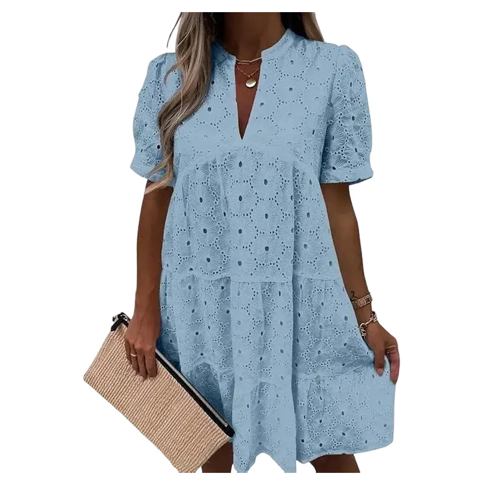 Flowy Lace Dresses Short Sleeve V Neck Tunic Dress