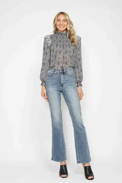 Tummy Control Back Embroidered Pocket Bootcut Denim Jeans