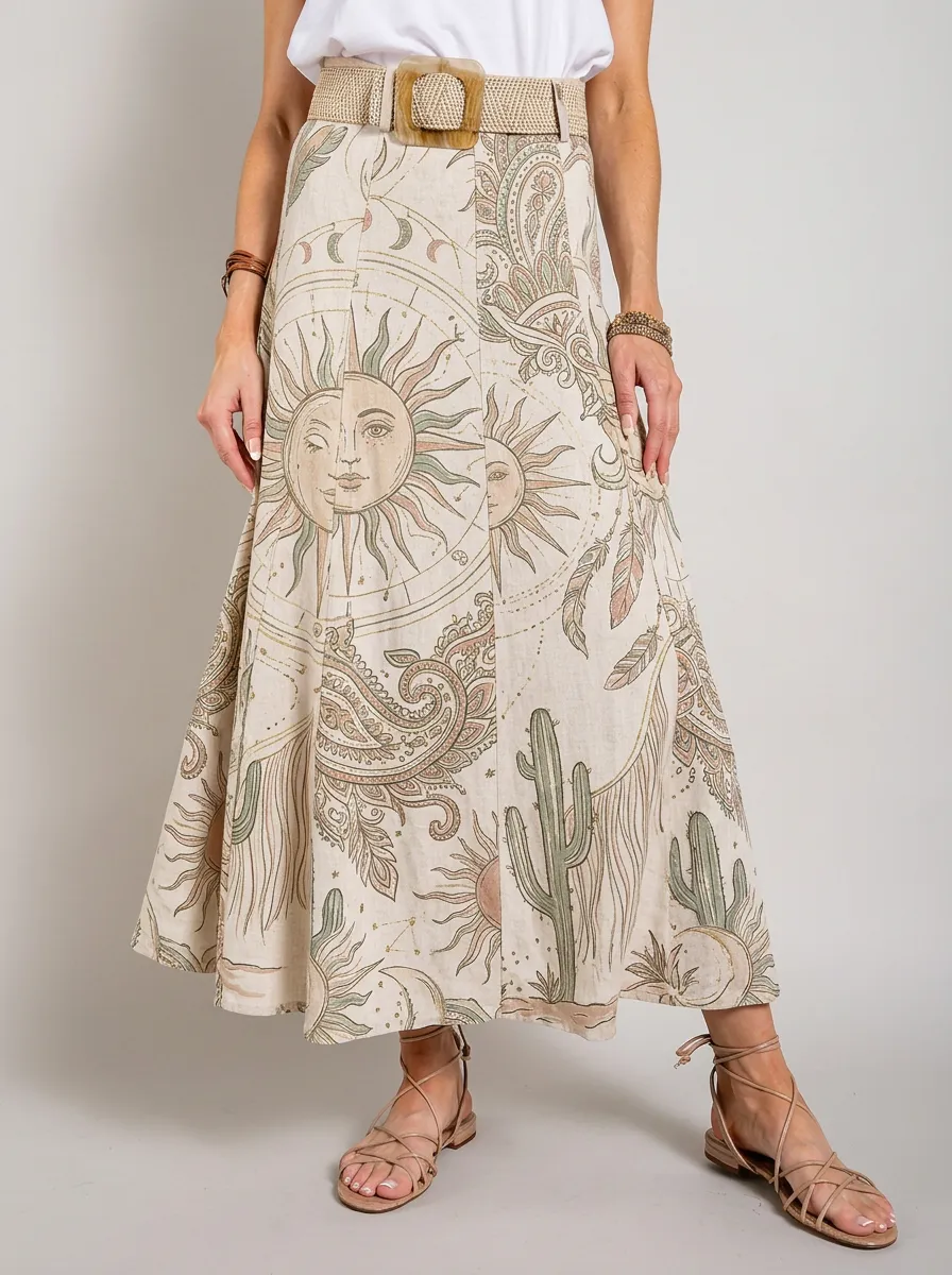 Women's Boho Celestial Sun Cactus Paisley Printed Midi Skirt