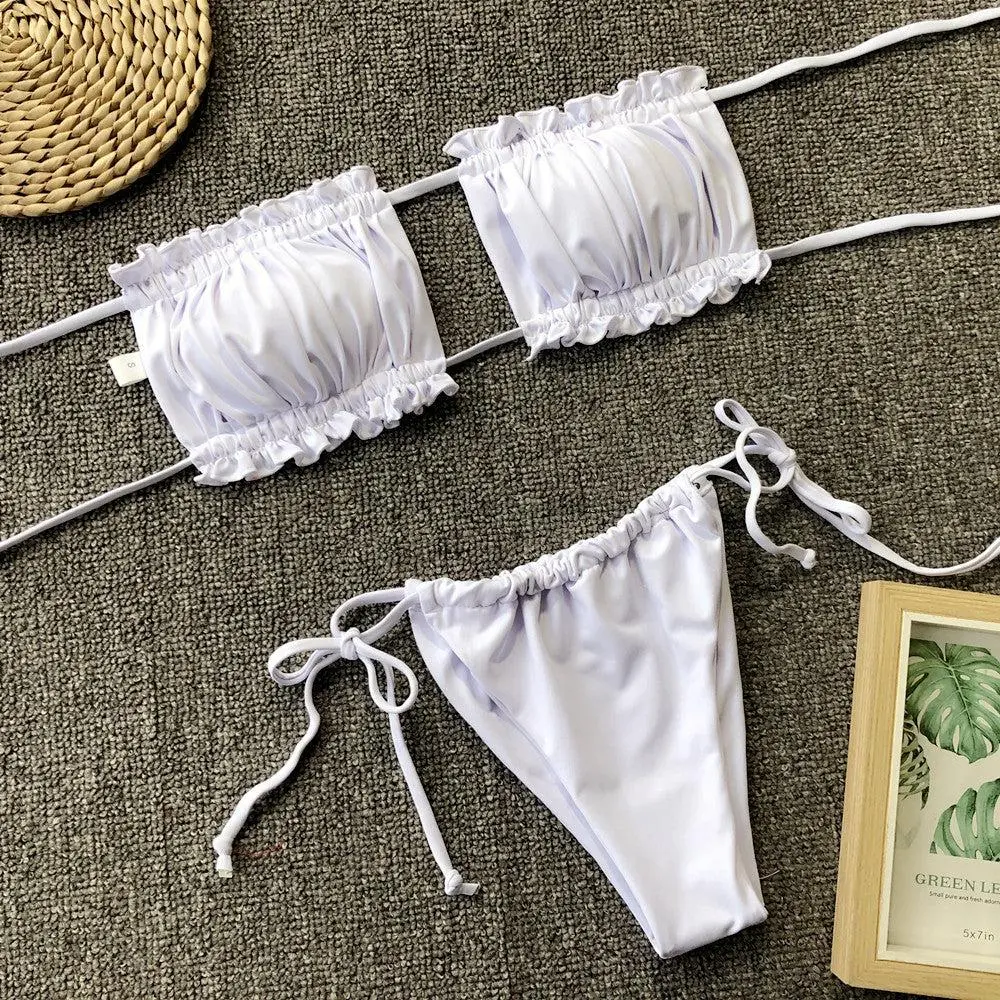 Frill Trim Ruched Bikini Swim Set