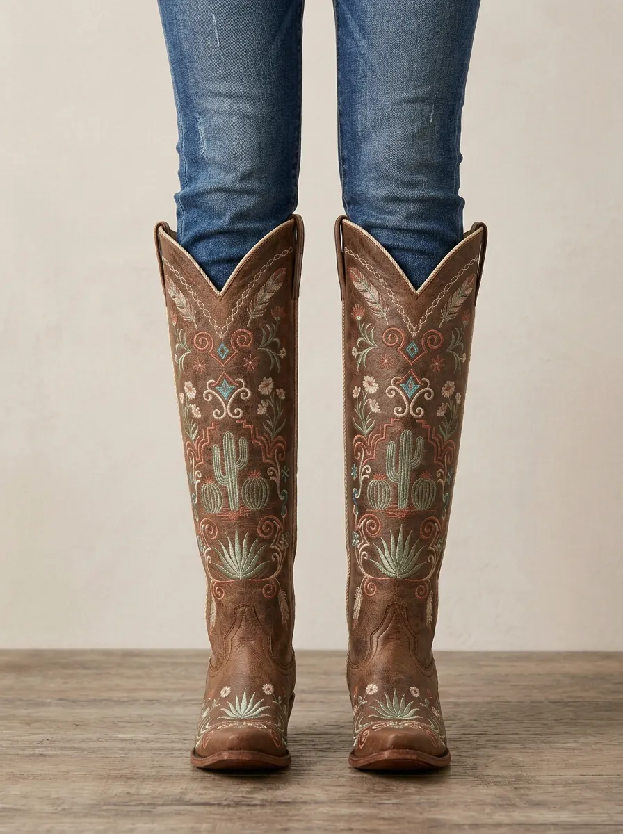 Women's Western Cactus Floral Embroidered Piped Block-Heel Denim Over-the-Knee Boots
