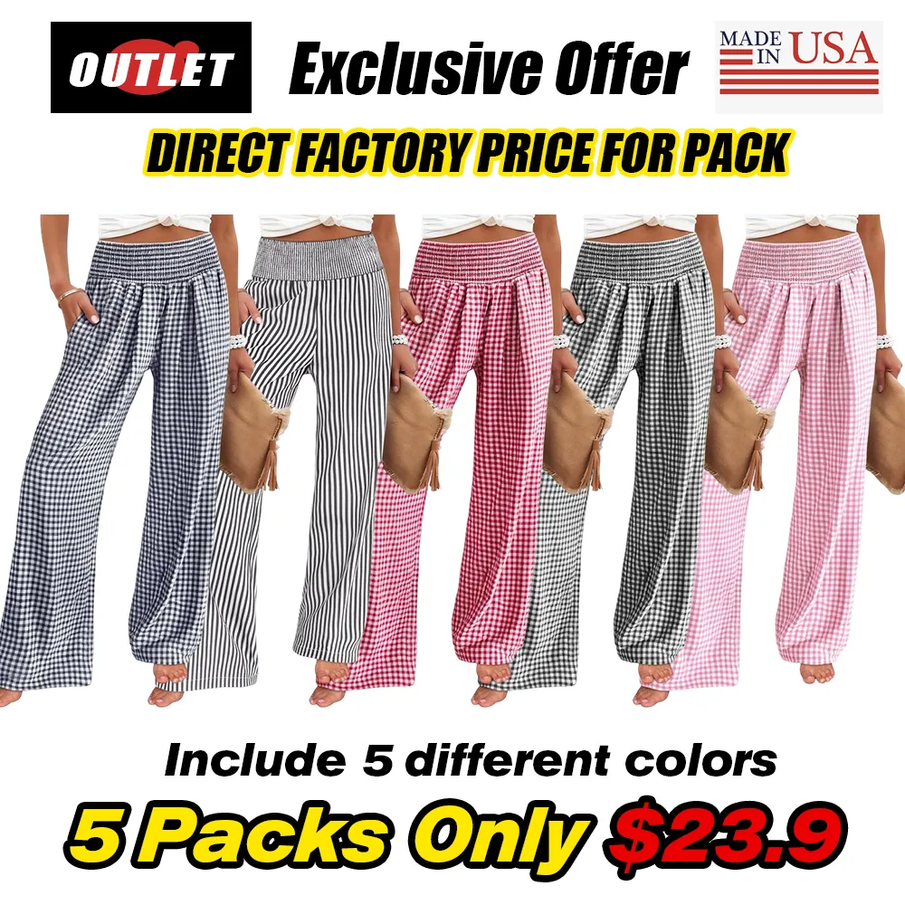 Women's High-Waisted Casual Striped And Checkered Wide-Leg Pants