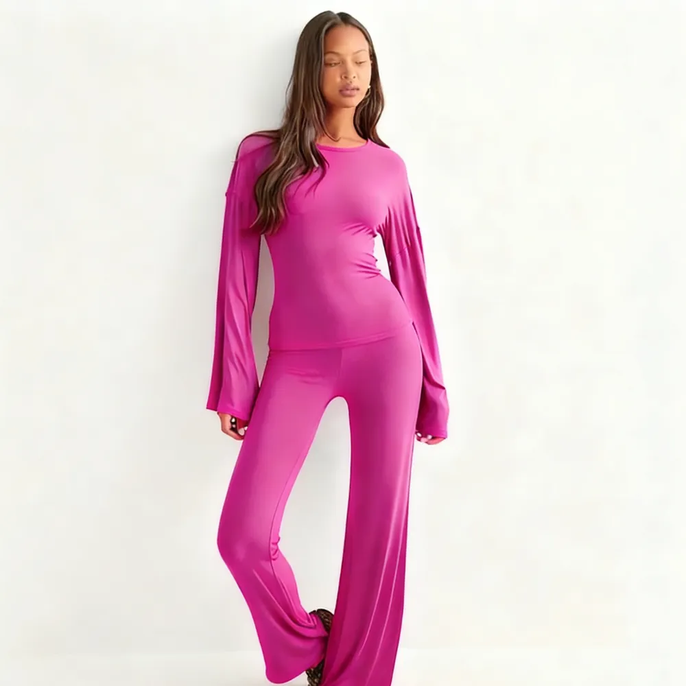 Women's Fall New Round Neck Flare Long Sleeve Top & Elastic Waist Straight Leg Pants Set