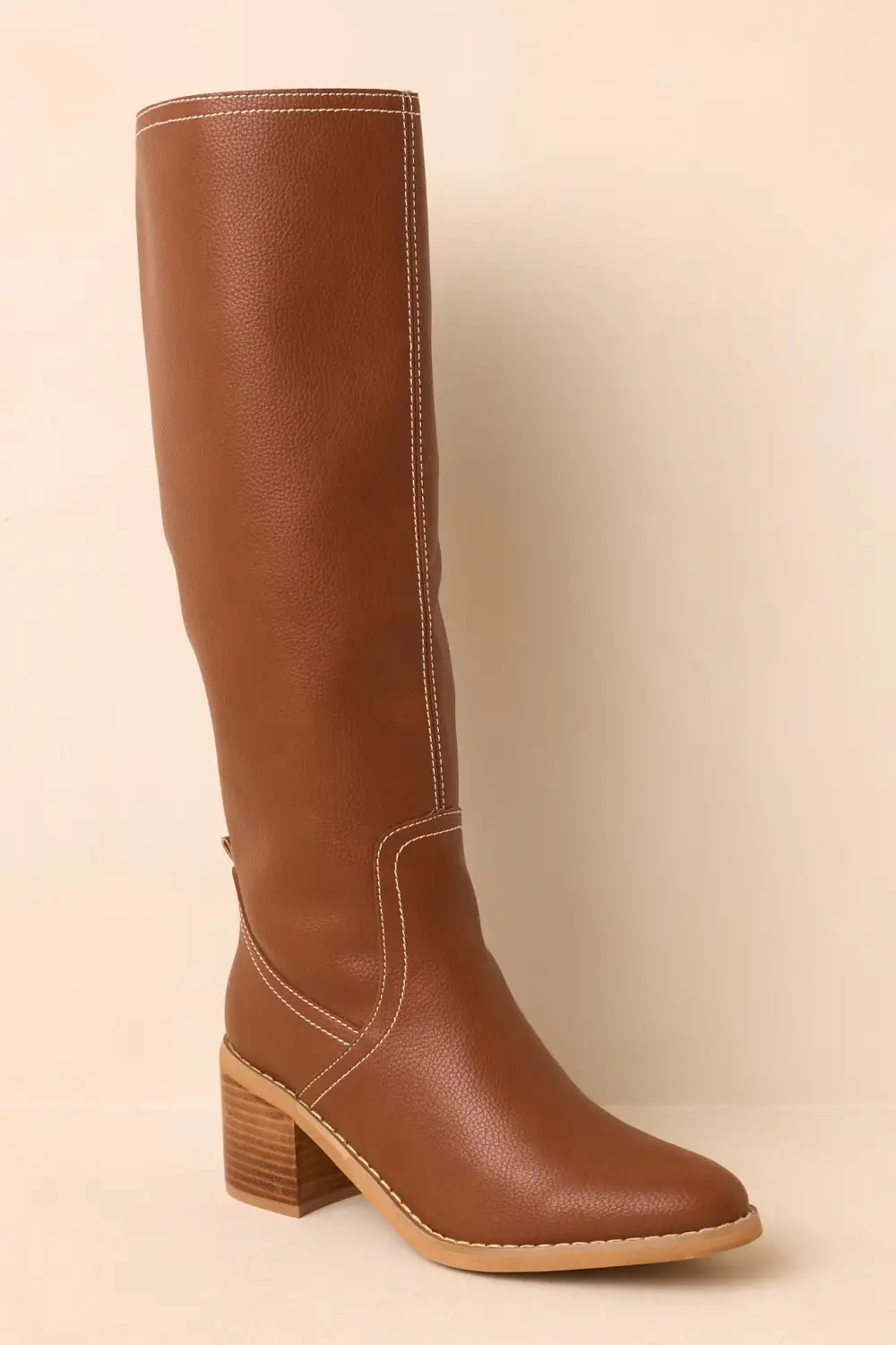 Faux Leather Almond Toe Block Heel Textured Knee High Boots