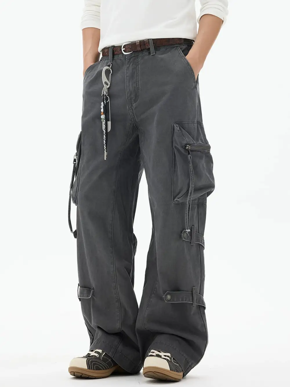 Wide-Leg Multi-Pocket Washed Cargo Pants
