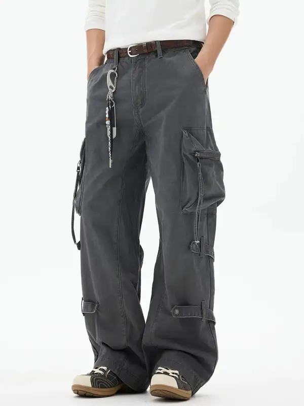 Wide-Leg Multi-Pocket Washed Cargo Pants