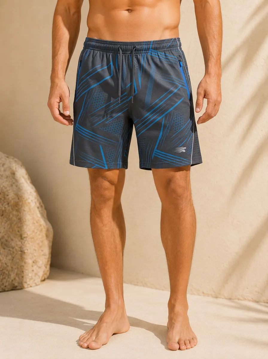 Men's Athletic Fitness Blue Geometric Hexagon Printed Shorts