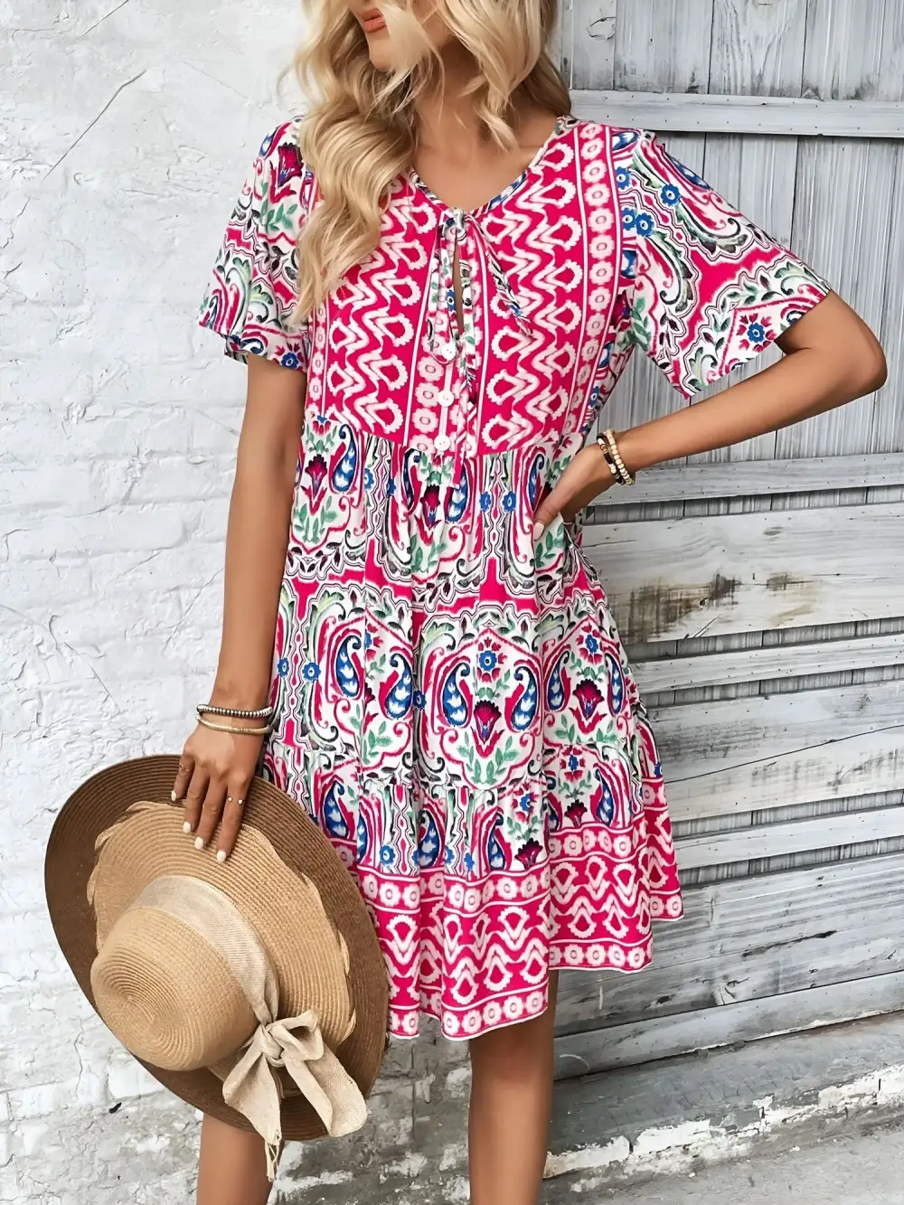 Boho-Print V-Neck Loose Fitting Mini Dress