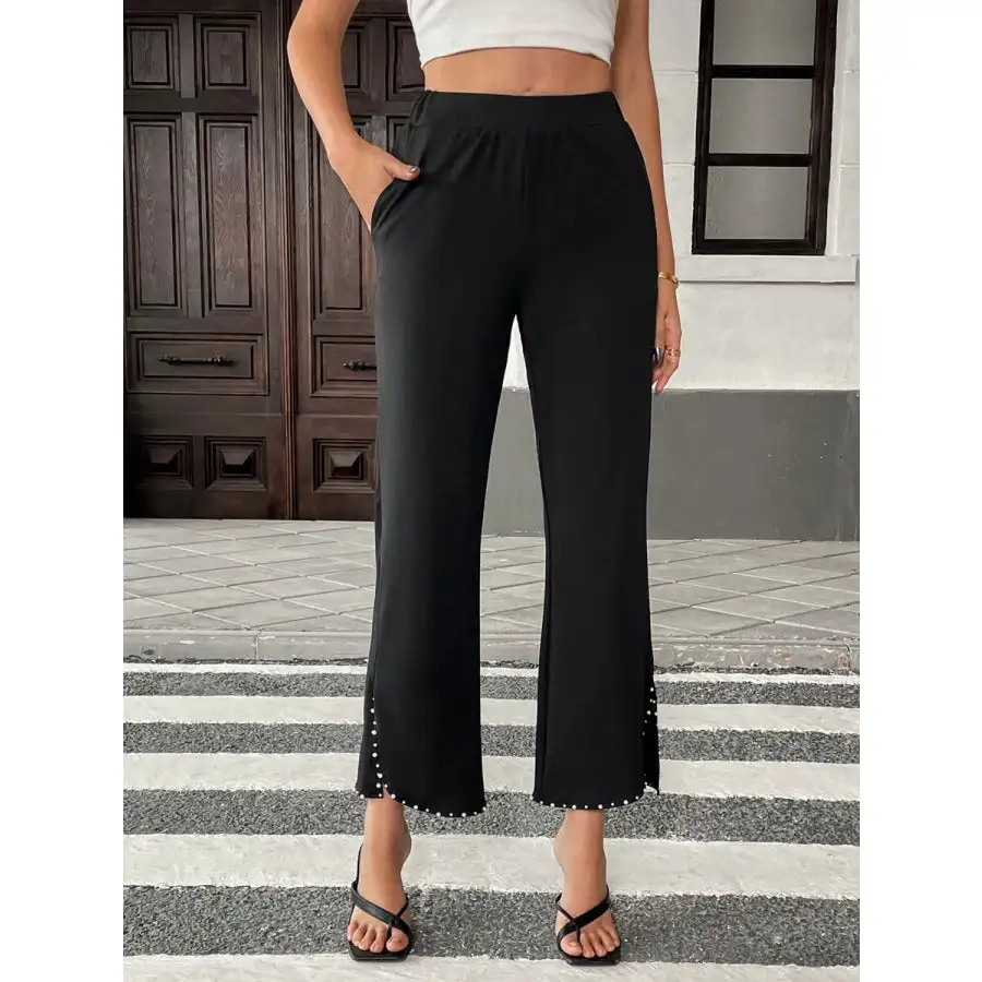 Pearl Embellished Cropped Wide Leg Pants
