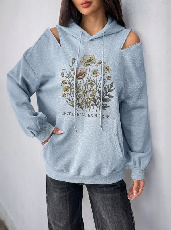 Women's Botanical Explorer Wildflower Printed Cold Shoulder Hoodie