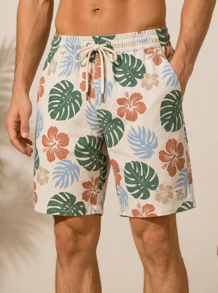 Men's Tropical Summer Hibiscus and Monstera Leaf Printed Shorts