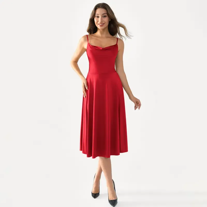 Satin Midi Slip Dress with Cowl Neck and Flared Hem