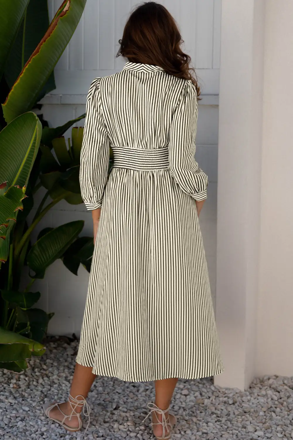 Striped Zip Front Cinched Waist Midi Dress
