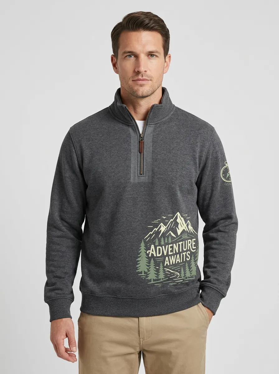 Men's Ridge Outdoor Mountain Forest Graphic Quarter-Zip-Neck Sweatshirt