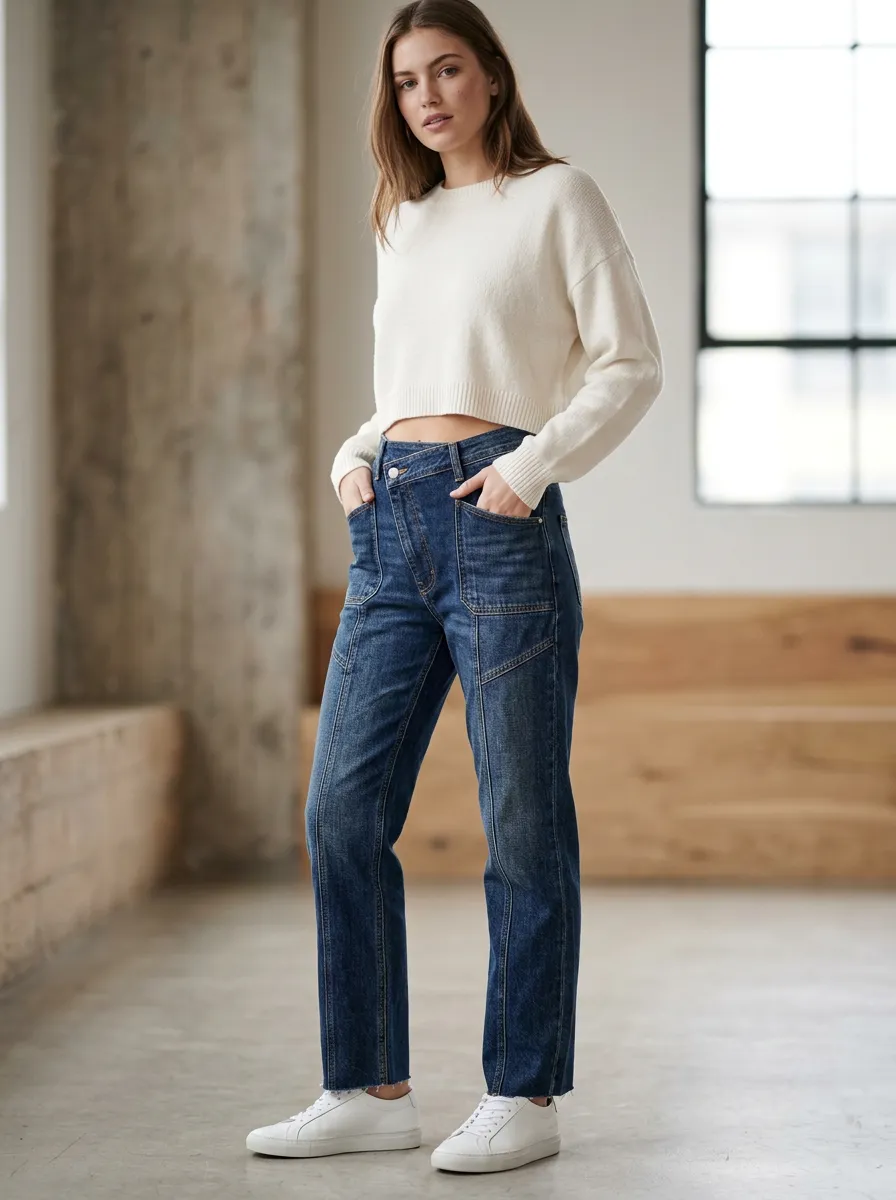 Women's High-Waisted Crossover Front Denim Jeans