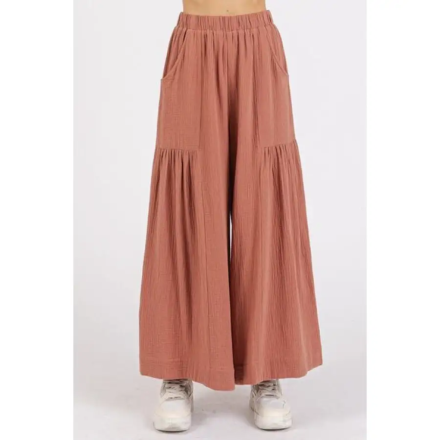 Gauze Elastic Waist Pleated Wide Leg Pants