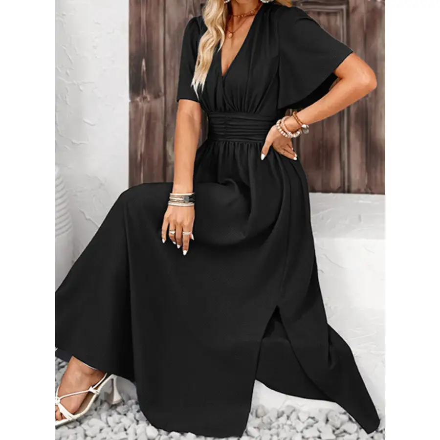 Side Slit Surplice Flutter Sleeve Midi Dress