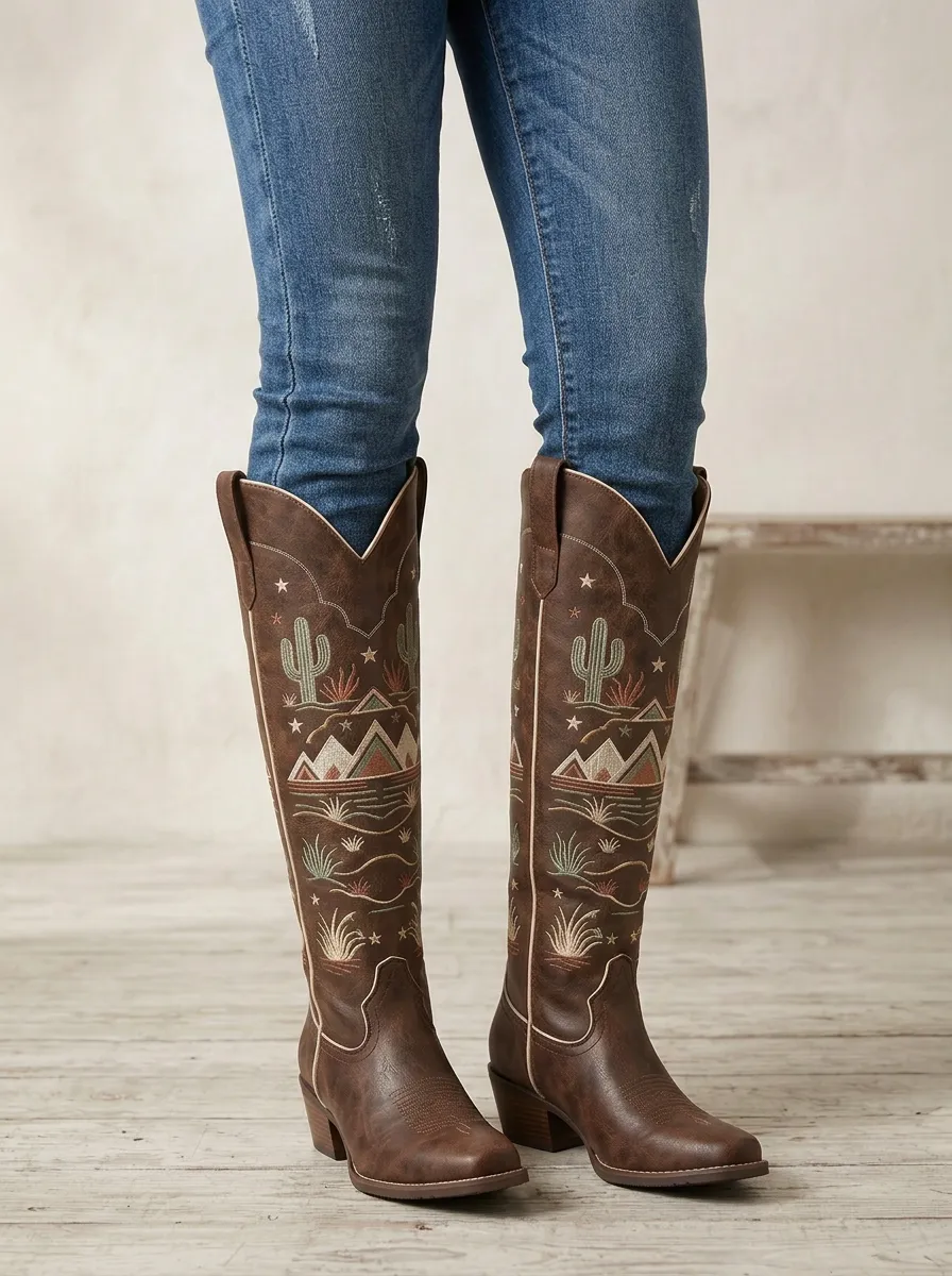 Women's Western Cactus Embroidered Piped Square-Toe Block-Heel Stacked-Heel Denim Over-the-Knee Boots