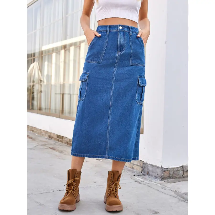 Modern Slit Midi Denim Skirt with Pockets