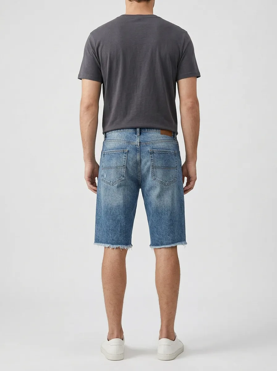 Men's Distressed Raw Hem Street Inspired Distressed Denim Shorts