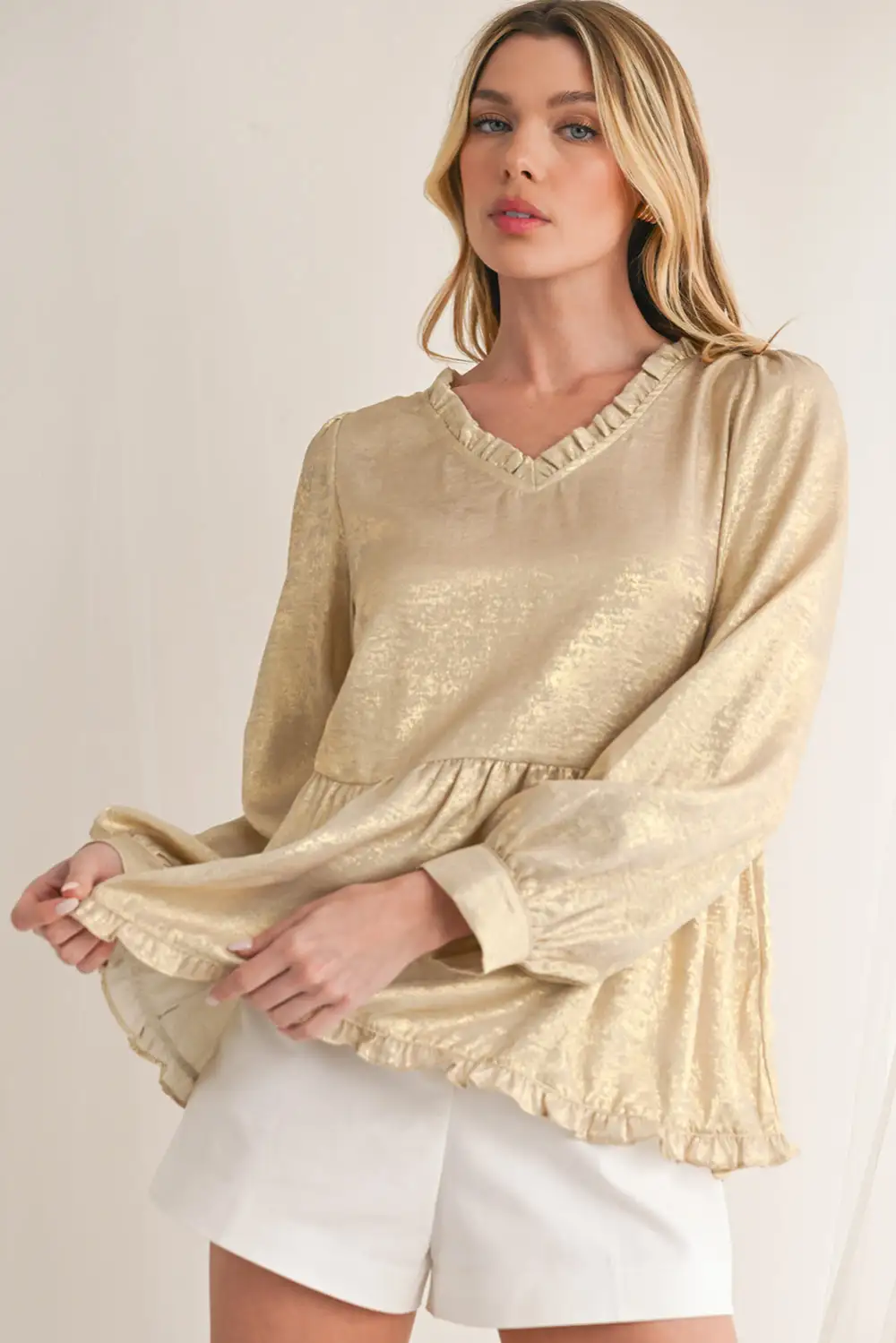 Layered Velvet Frilled Puff Sleeve Blouse