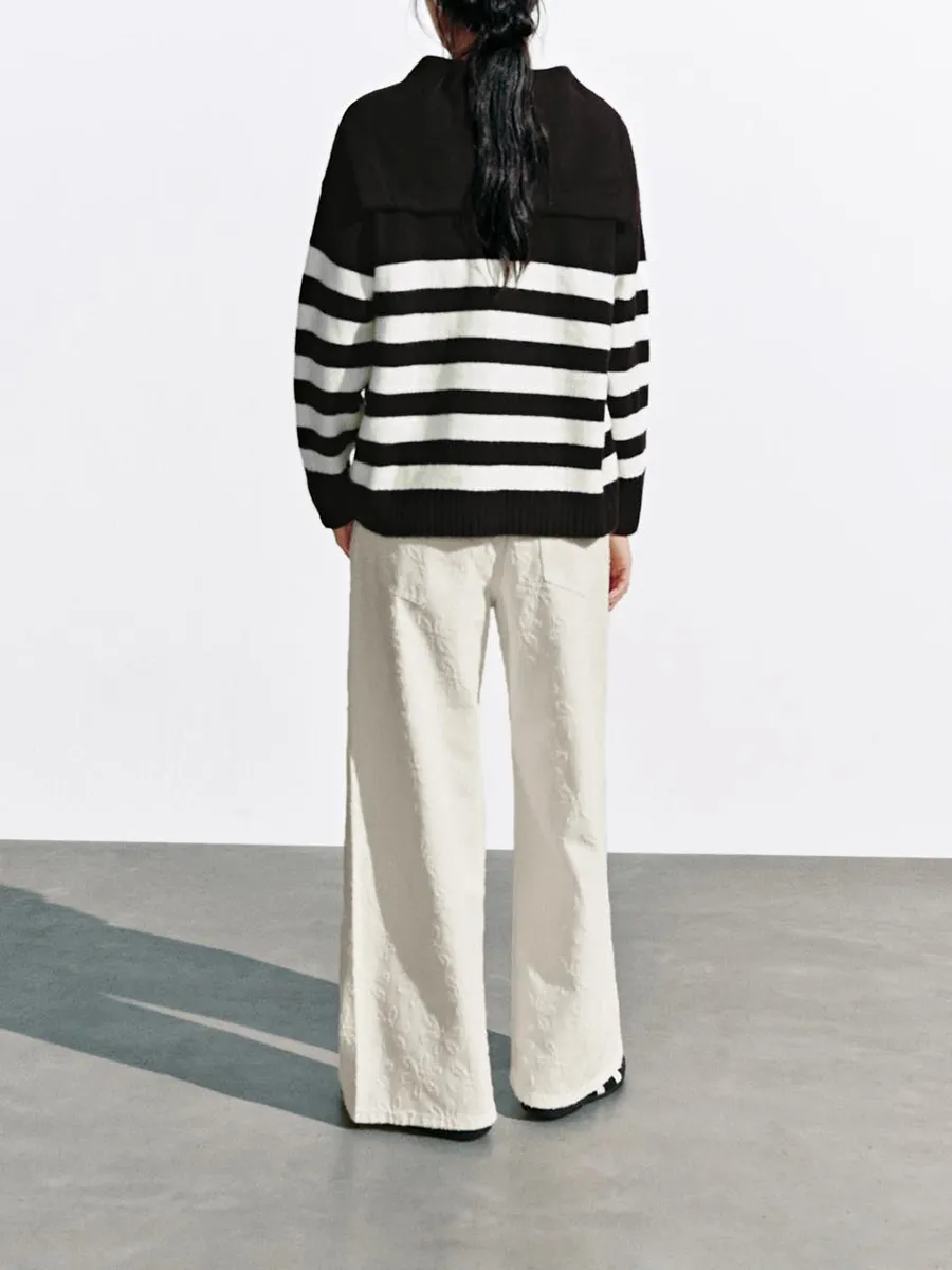 Ladies' White Floral Casual Style Wide-Leg Denim Trousers