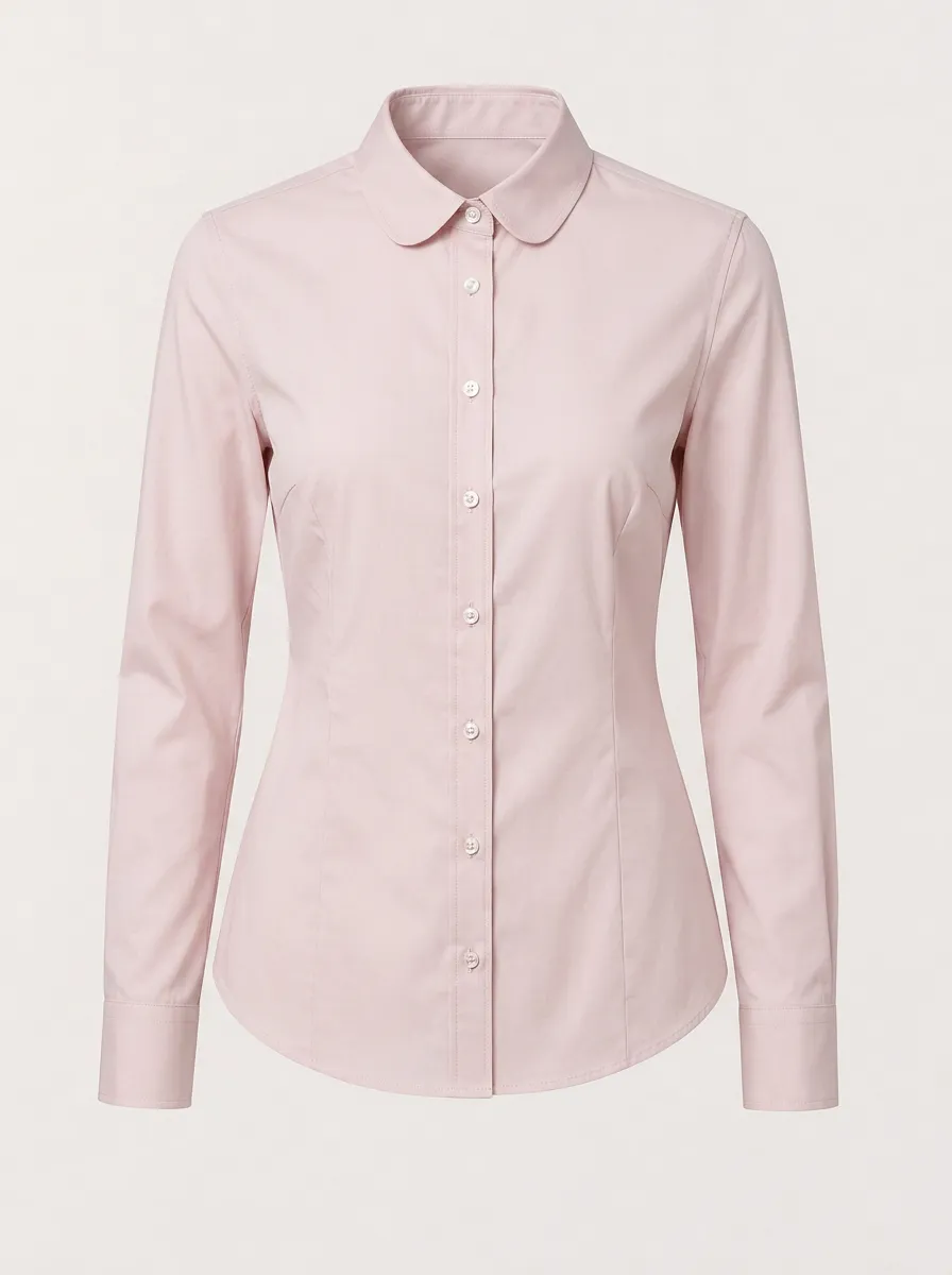 Women's Up Shirt Pink Peter Pan Collar Long Sleeve Button