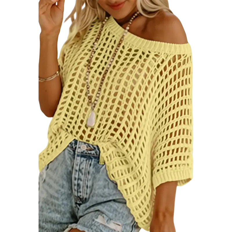 Women's Summer Scoop Neck Short Sleeve Sweater Casual Crochet Hollow Out Knit Tops Pullover Shirts Beach Coverup