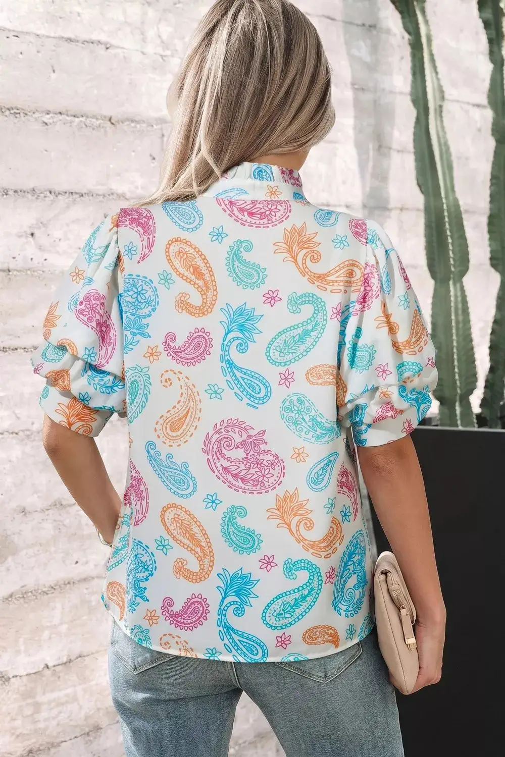 Button Front Puff Sleeve Paisley Blouse