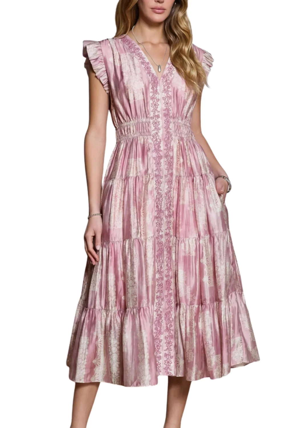 Tiered V Neck Floral Print Midi Dress