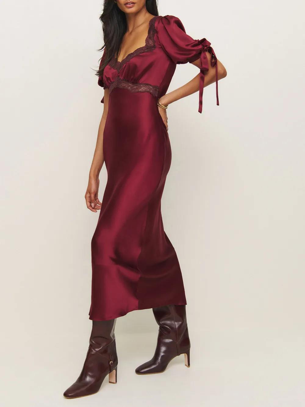 Lace Trimmed Tie Sleeve Silk Midi Dress