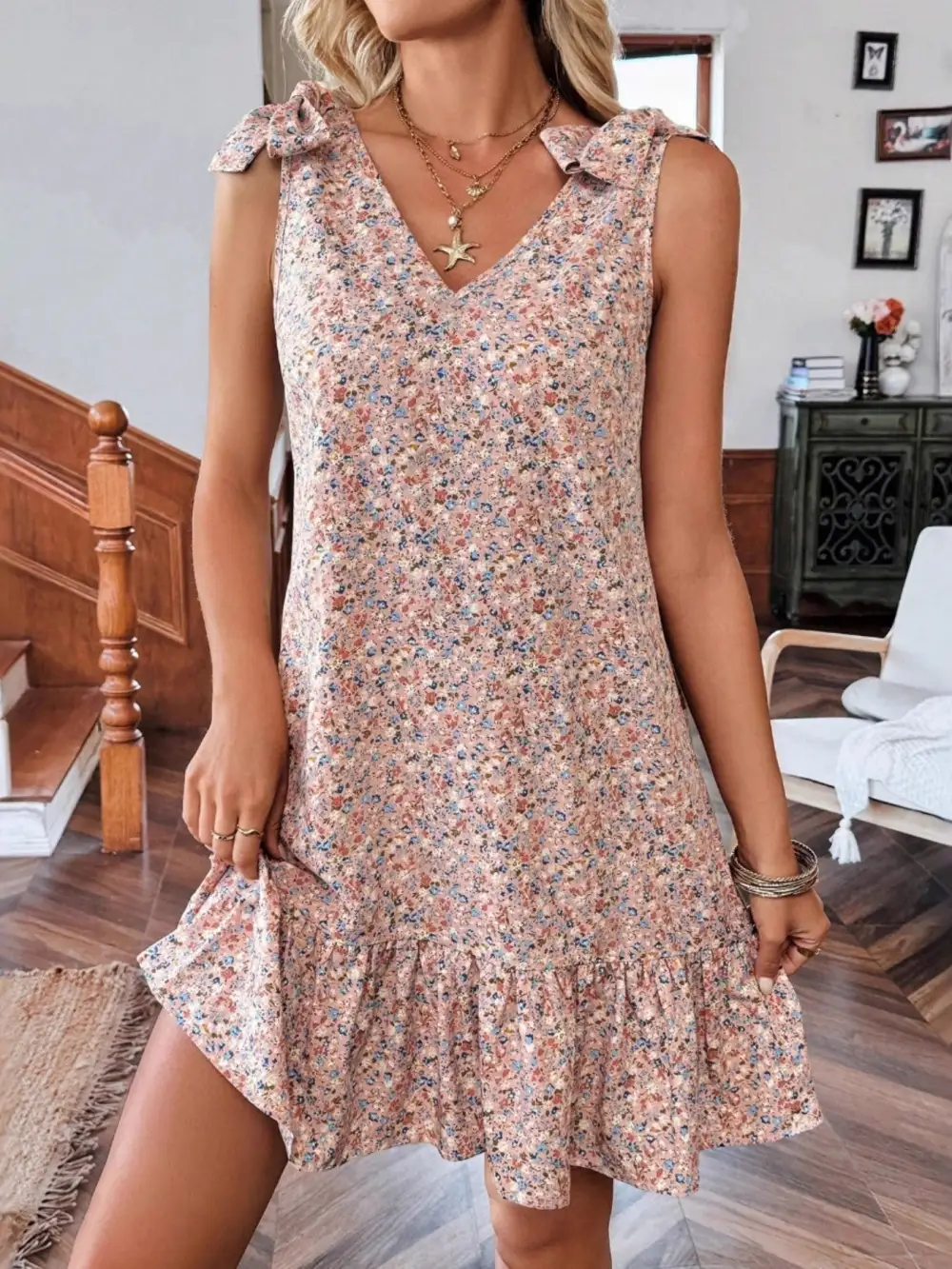 Print Tie Strap Ruffle Hem Mini Dress