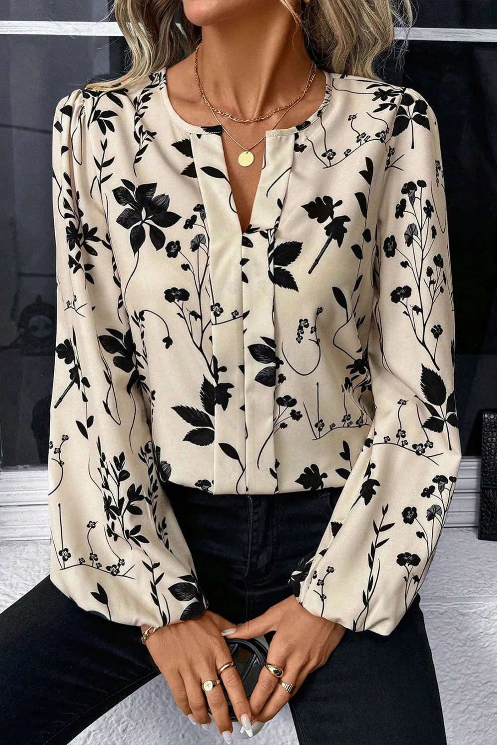 Floral Long Sleeve Split Neck Blouse